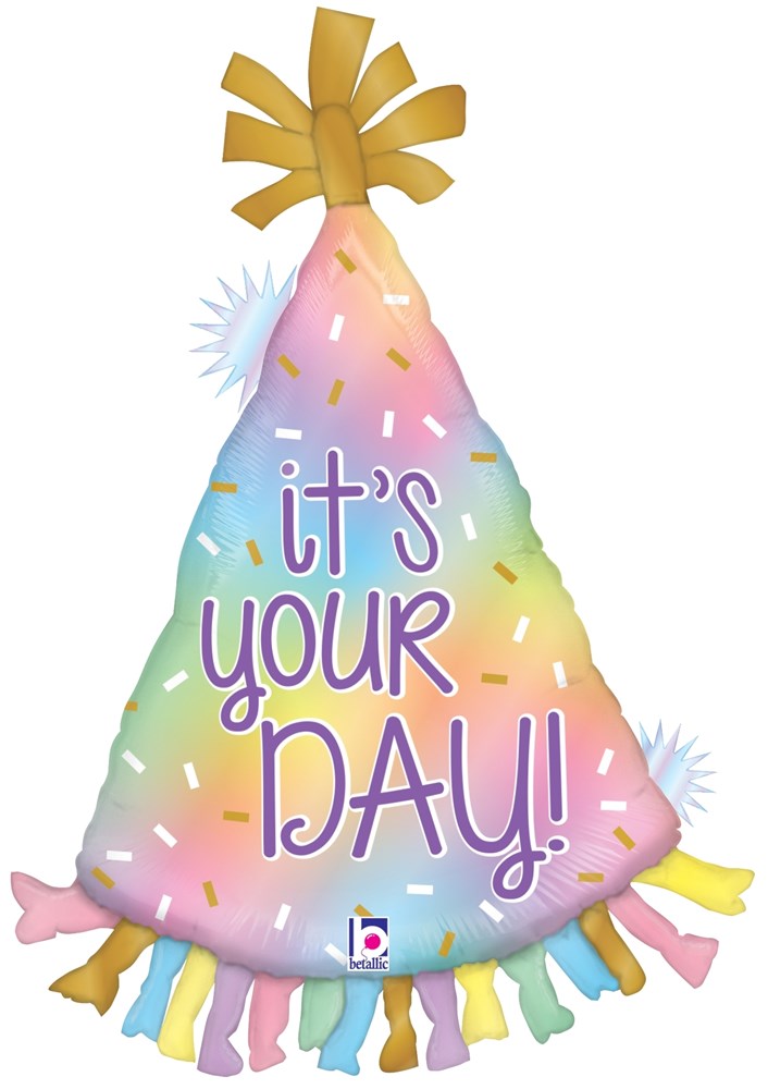 31-inch opal holographic party hat foil balloon with pastel rainbow colors, tassels, and “It’s Your Day!” text.