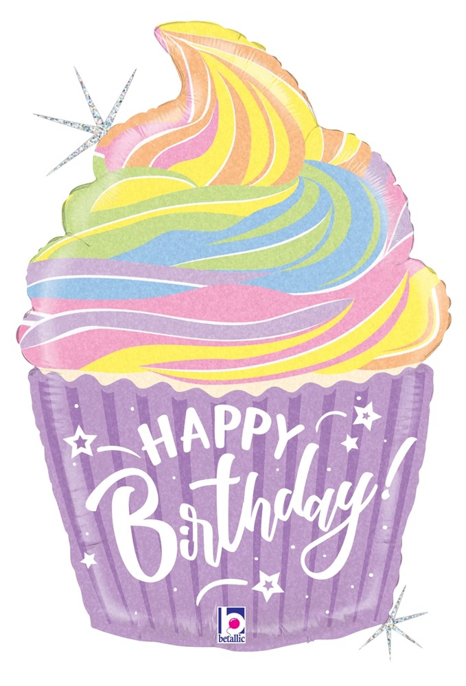 22-inch holographic foil balloon shaped like pastel swirled cupcake with "Happy Birthday" text on purple liner.