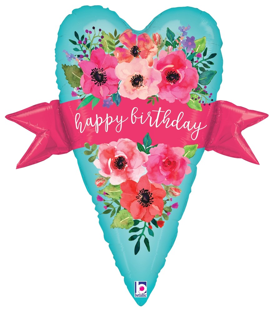 Heart-shaped foil balloon in teal with pink watercolor flowers and a pink ribbon banner reading "happy birthday".