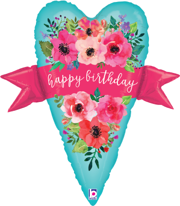 Heart-shaped foil balloon with turquoise background, pink and red watercolor flowers, and a pink ribbon reading "happy.