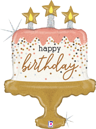 26-inch foil balloon shaped like a birthday cake with pink, white, and gold layers, topped with three golden star candles.
