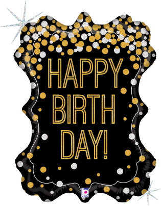 29-inch black foil balloon with gold and silver confetti dots and "Happy Birthday" in gold lettering, shaped with scalloped.