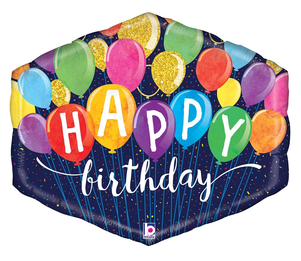 25-inch foil balloon shaped like a bunch of colorful balloons with "HAPPY birthday" text on a dark background.