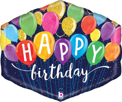 Hexagon-shaped foil balloon with colorful balloon illustrations spelling "HAPPY" in orange, yellow, blue, purple, and green,