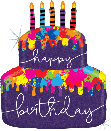 Holographic foil balloon shaped like a two-tier purple birthday cake with colorful paint splatters, five striped candles,.