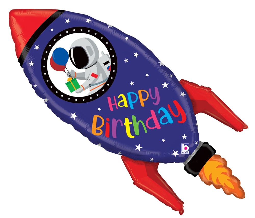 36-inch foil balloon shaped like a red and purple rocket with astronaut and "Happy Birthday" text.