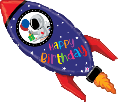 36-inch shiny foil balloon shaped like a red and blue rocket with astronaut and "Happy Birthday" text.