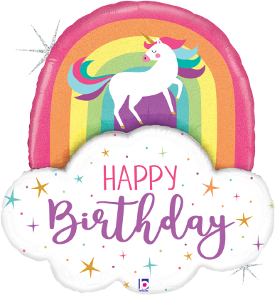 26-inch holographic foil balloon shaped like a white unicorn with a rainbow mane and tail over a rainbow, with "Happy.