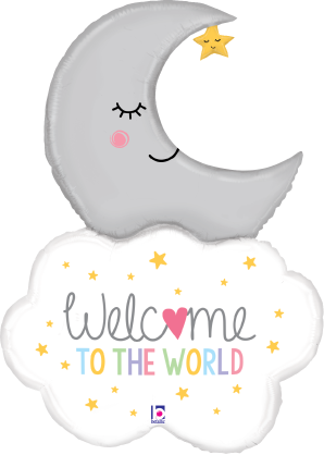 Gray crescent moon foil balloon with closed eyes and pink cheek, attached to white cloud balloon reading "Welcome to the.