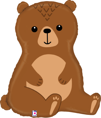 Brown foil balloon shaped like a sitting cartoon woodland bear with beige belly and black eyes, nose, and mouth.