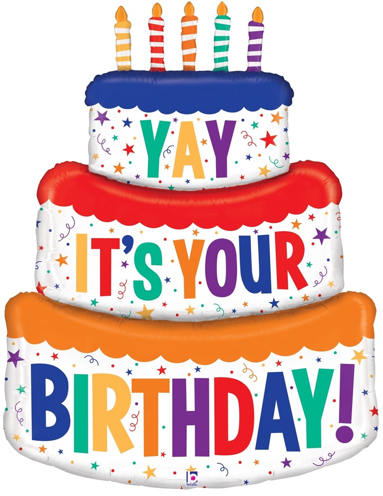 48-inch foil balloon shaped like a three-tiered birthday cake with colorful candles and bold lettering saying "Yay It's Your