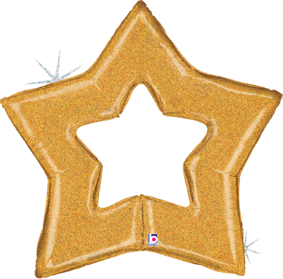 Gold holographic foil star-shaped balloon with a hollow center, 38 inches tall.