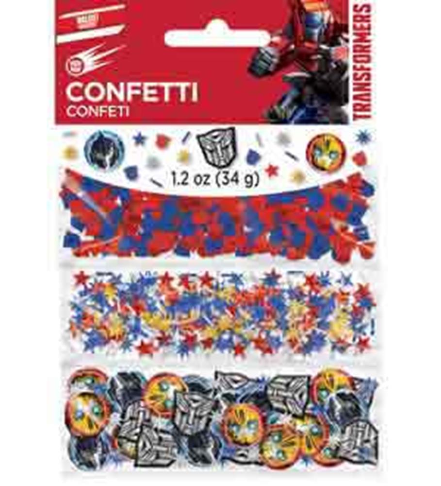 Red, blue, and silver Transformers-themed confetti in assorted shapes including stars and character emblems, packaged in.
