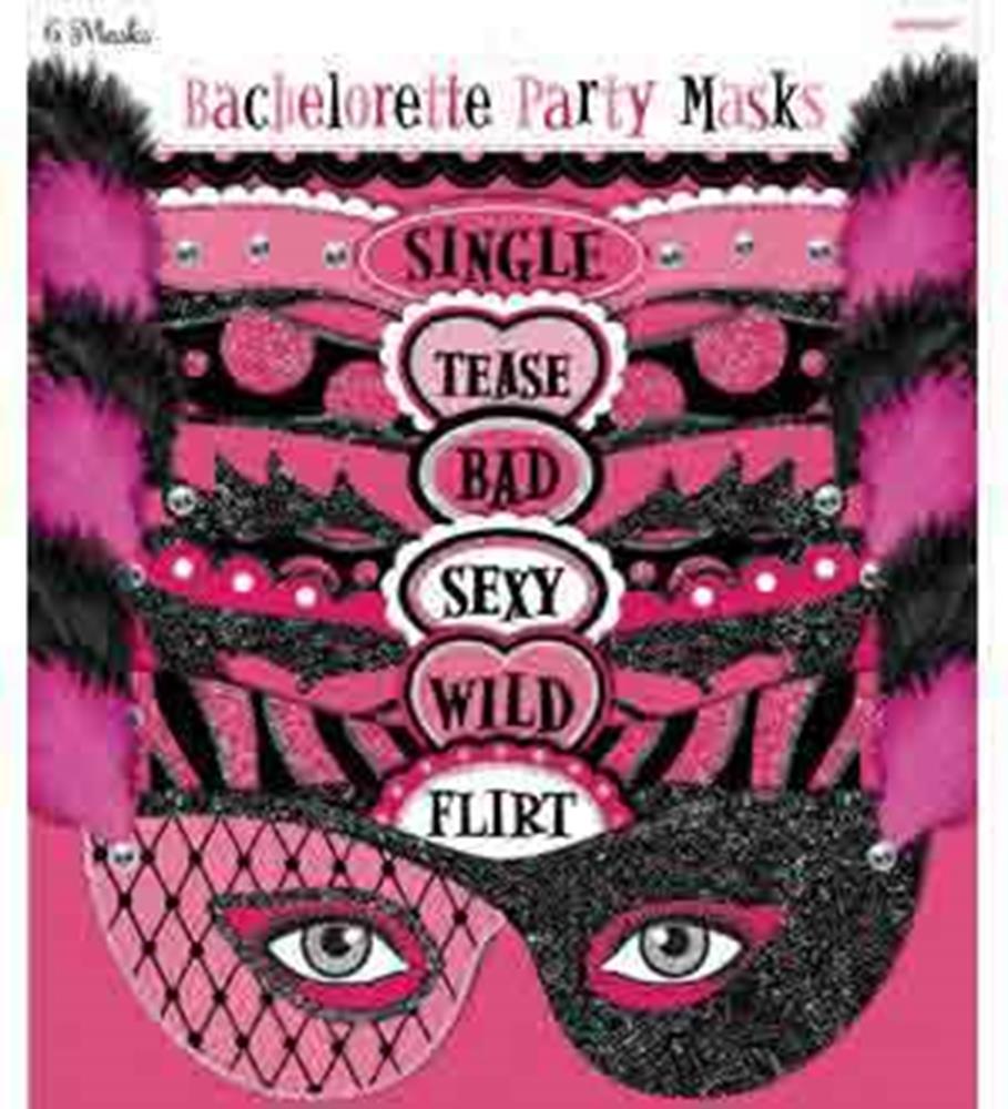 Set of six pink and black decorative mask face covers with feathers and bold words like "Single," "Tease," "Bad," "Sexy,".