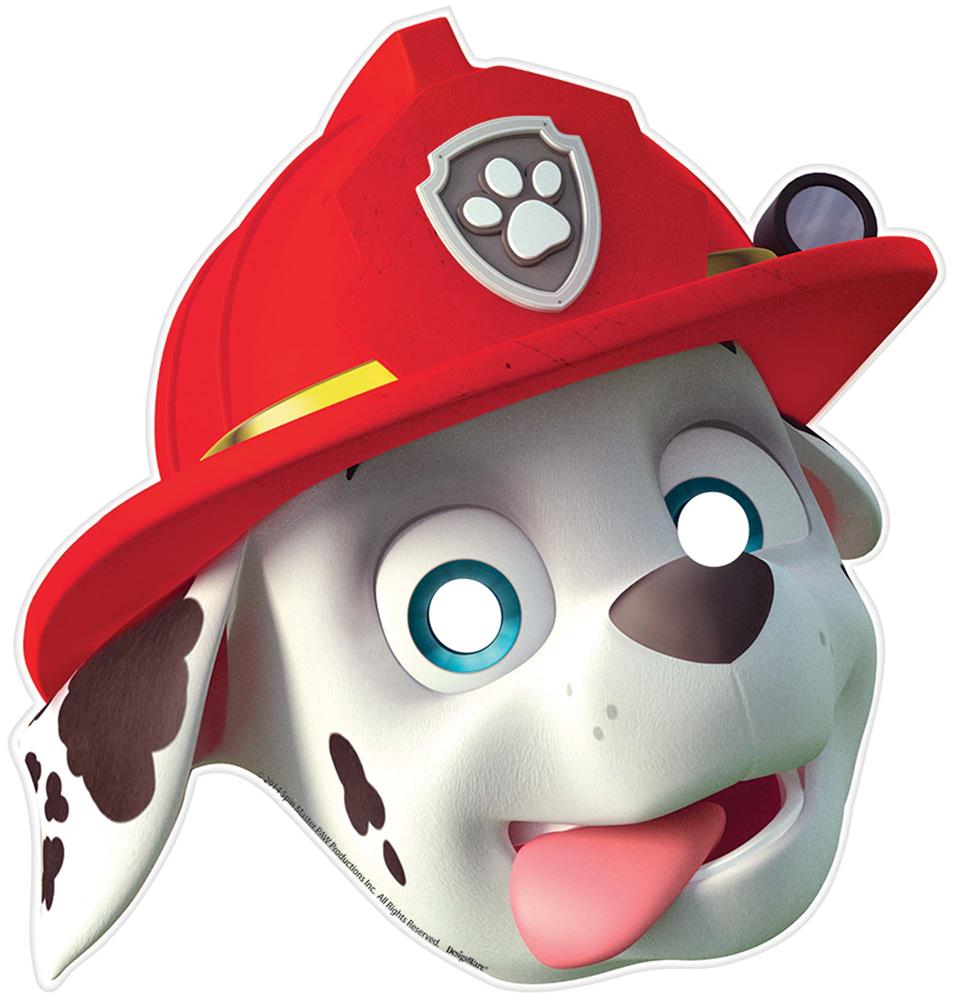 Red firefighter helmet mask with Dalmatian dog face and blue eyes, tongue out playful expression.