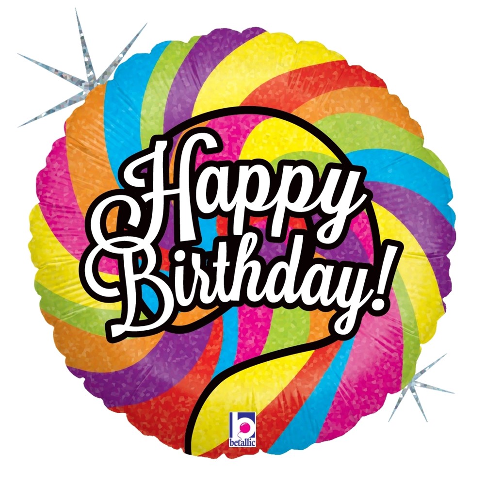 Round holographic balloon with colorful swirled lollipop design and "Happy Birthday!" text in white and black letters.