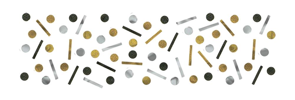 Gold, silver, and black metallic confetti with circles, dots, and bar shapes for 30th birthday celebrations.
