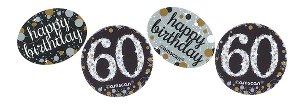 Round black and white confetti pieces with gold and silver "Happy Birthday" and "60" sparkly designs.