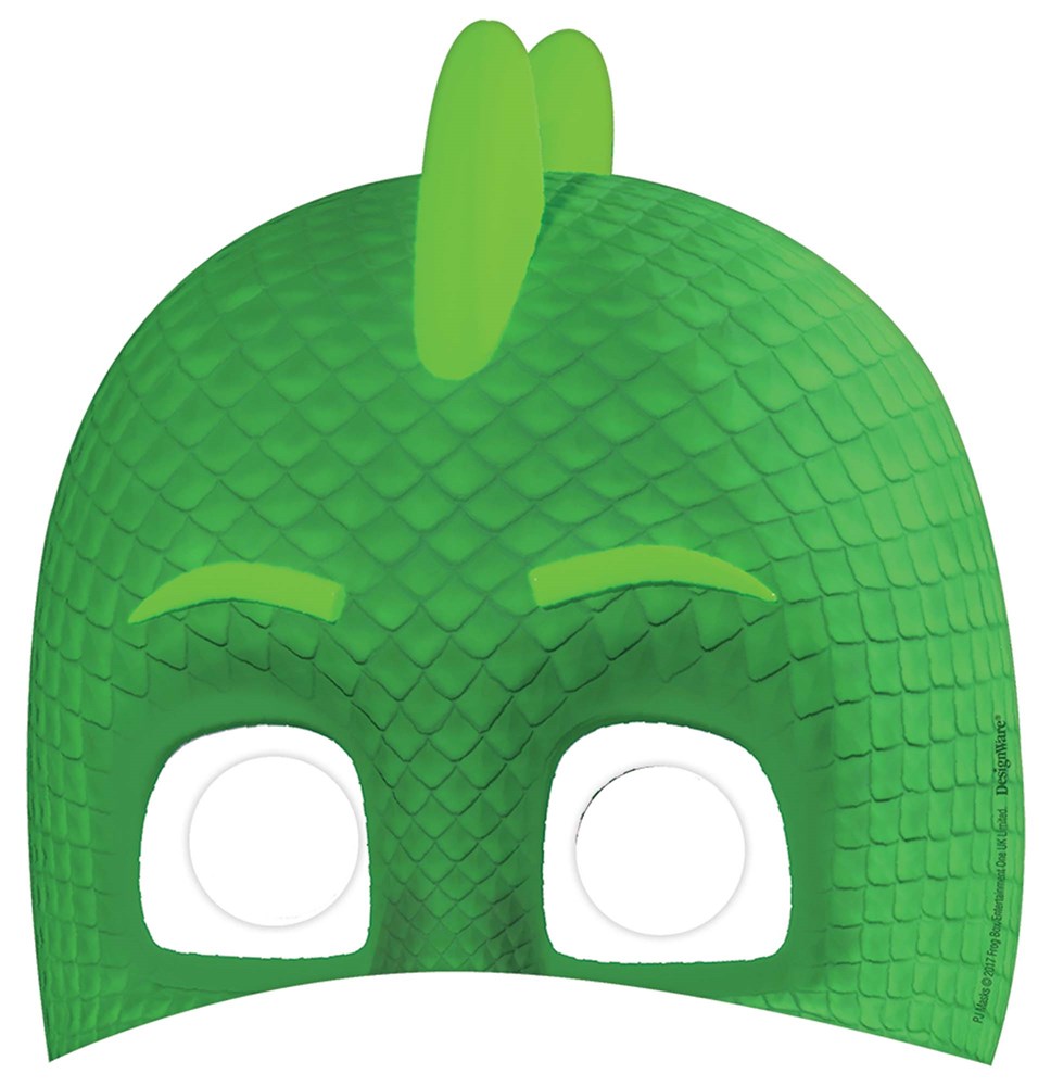 Green textured paper mask with scale pattern, rounded eyes, and two vertical fins on top.