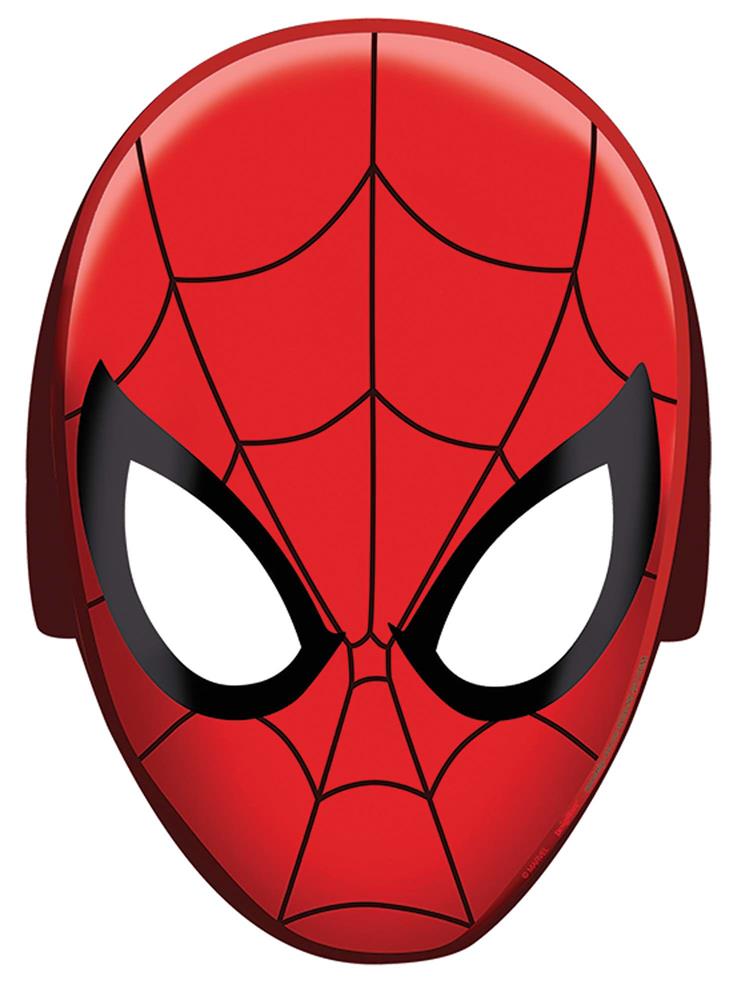 Red Spiderman paper mask with black web pattern and large white eye shapes.