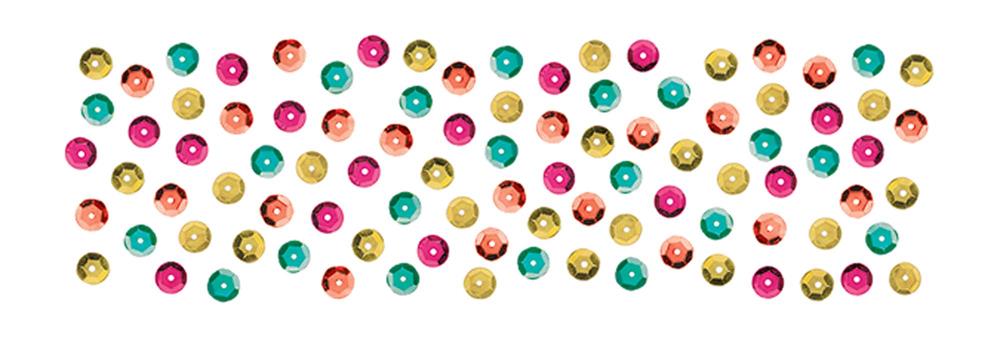 Colorful round confetti in gold, pink, teal, and orange with small pineapple and palm leaf shapes scattered throughout.