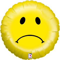 18-inch round holographic yellow balloon with sad face and downturned mouth.