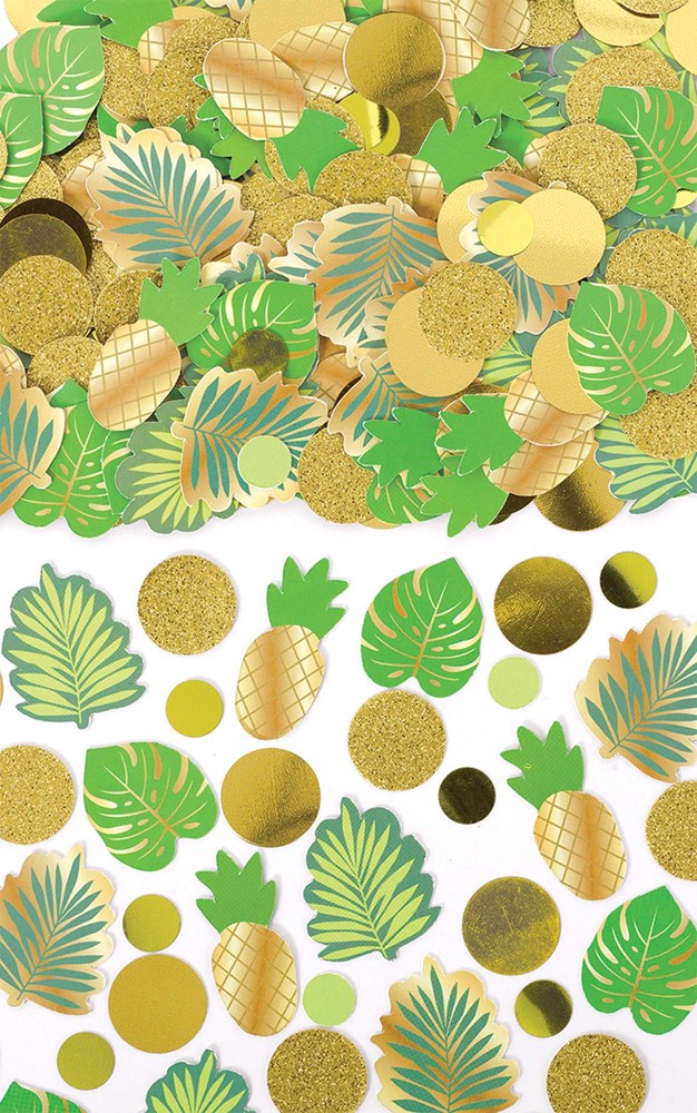 Gold and green tropical leaf and round confetti mix with glitter and metallic finishes.