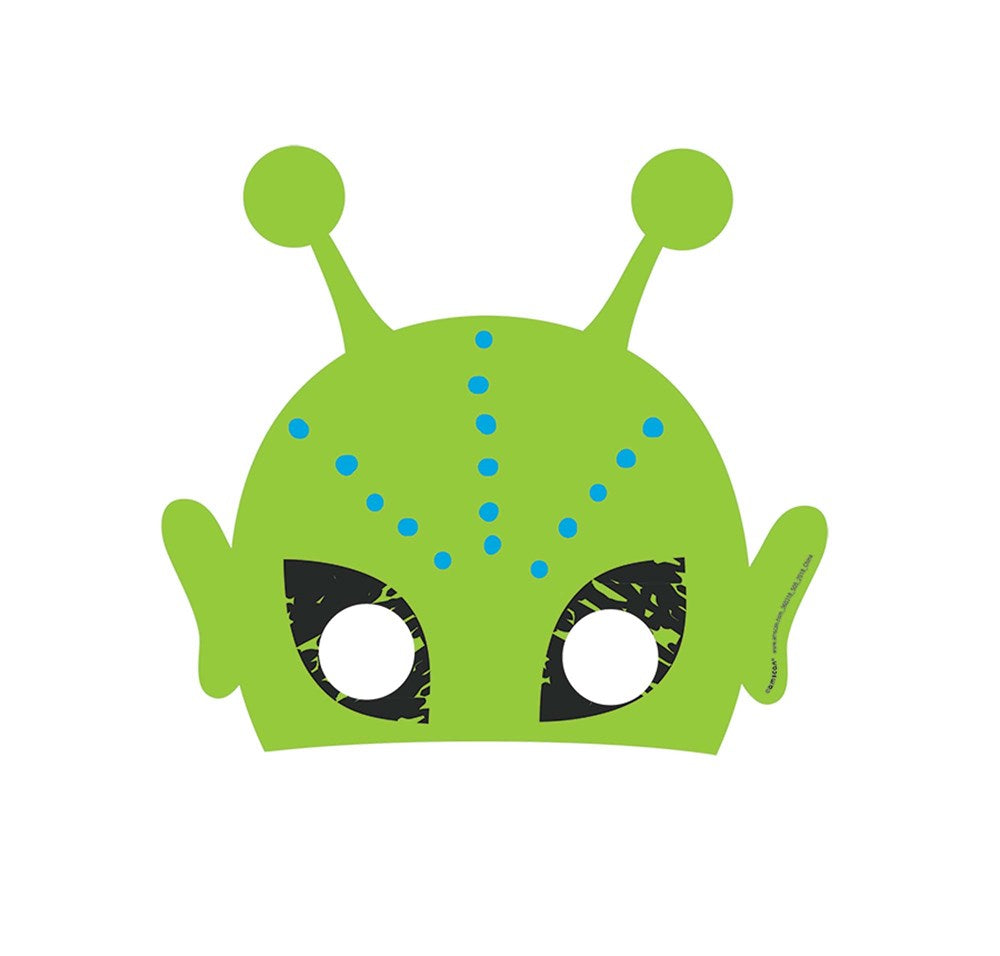 Green alien paper mask with two antennae and blue dot accents around black eye outlines.