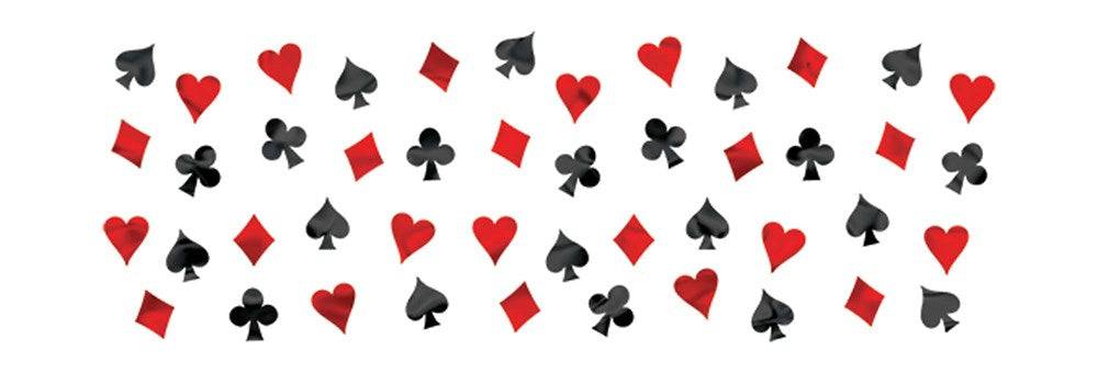 Multicolored casino-themed confetti with red hearts, diamonds, black clubs, and spades shapes scattered on white background.