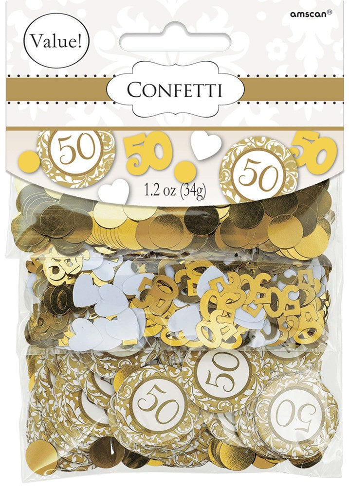 Gold and white 50th birthday confetti mix with number cutouts and circular designs.