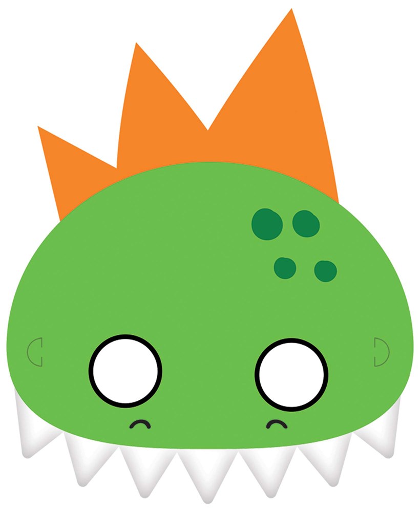 Green dinosaur mask with white teeth, orange spikes, and round eye holes for kids party.