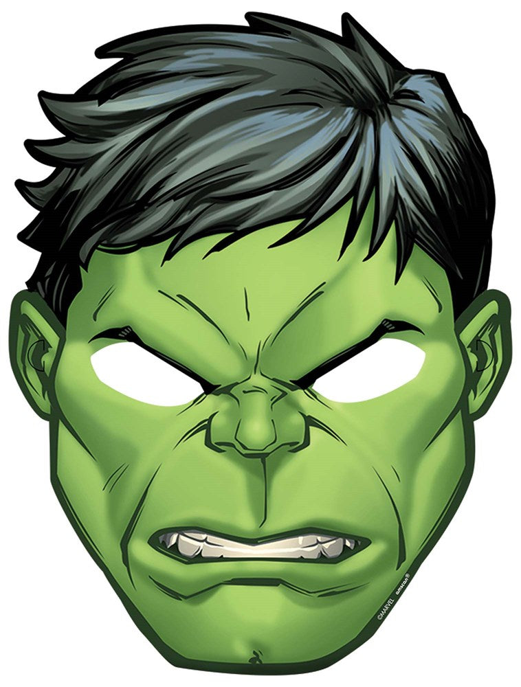 Green Hulk paper mask with black hair and fierce expression, eye holes cut out for wearing.