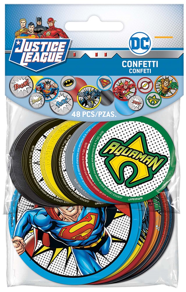Giant round confetti discs with Justice League characters and logos in bright colors, 48 pieces in clear plastic bag.