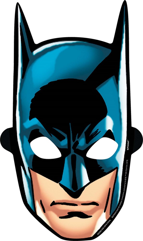 Blue and black Batman paper mask with sharp bat ears and cut-out eye holes.