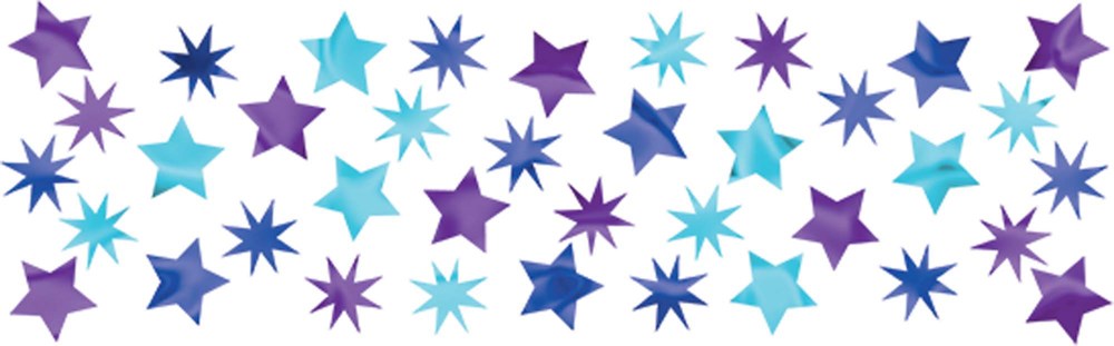Colorful star-shaped confetti in blue, purple, and teal shades scattered on a white background.