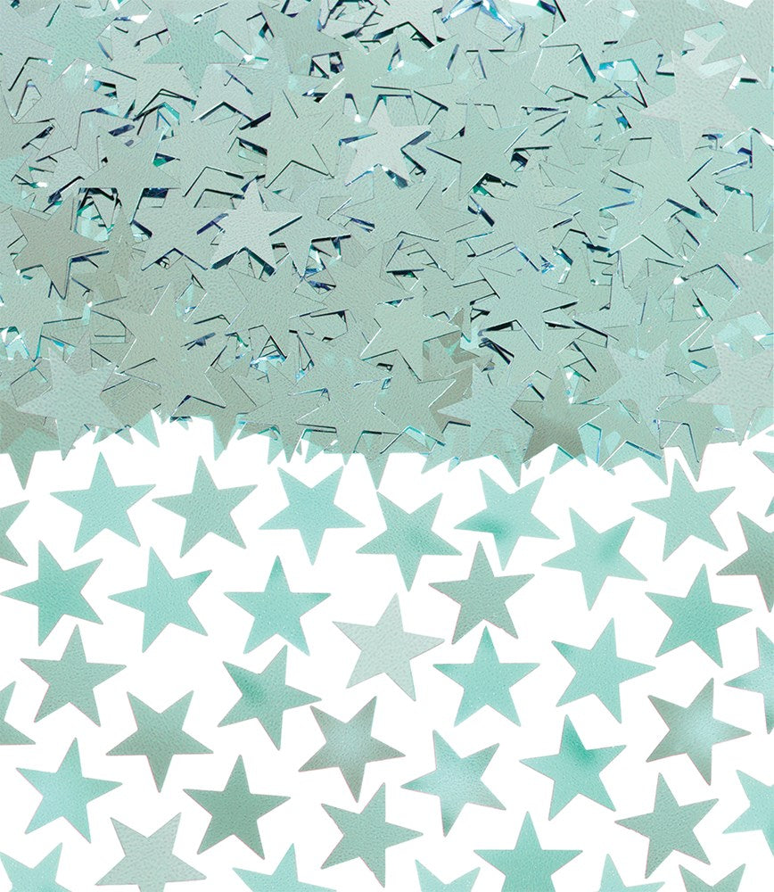 Cool mint green star-shaped confetti pieces scattered on a white background.