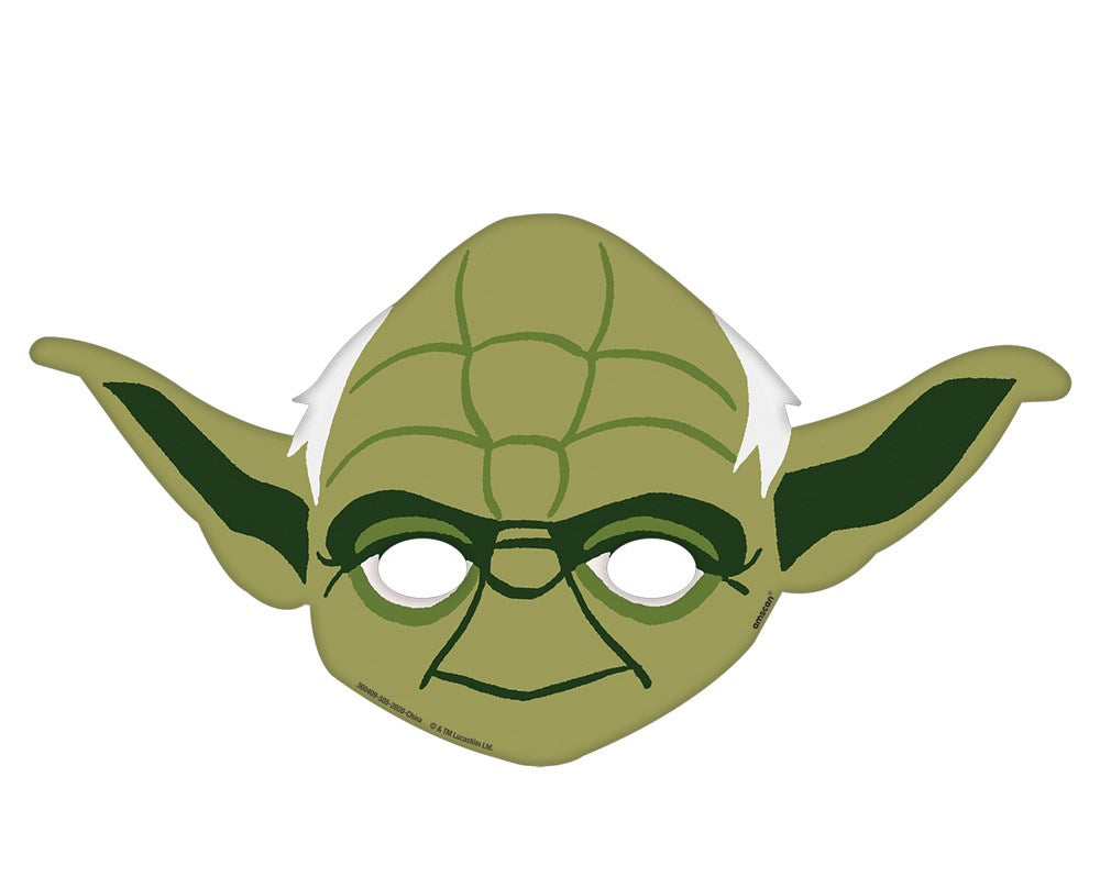 Green Yoda paper mask with large ears, eye cutouts, and white string bands.