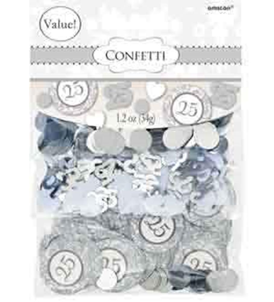 Silver and white 25th anniversary confetti mix with circular and number-shaped pieces in clear plastic packaging.