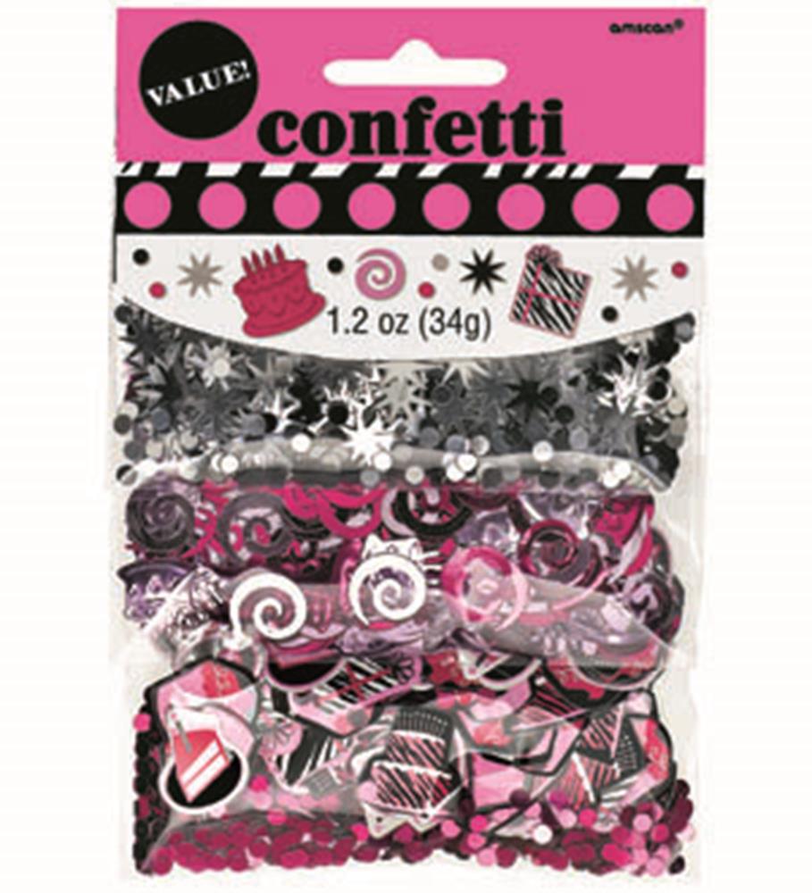 Pink, black, and silver birthday confetti with cupcakes, presents, and "Fabulous" text shapes in a clear plastic bag.