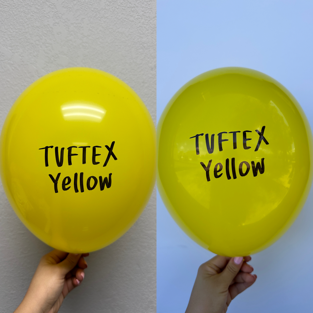 Bright yellow latex balloon, 36 inches, with black "Tuftex Yellow" text on front and back.