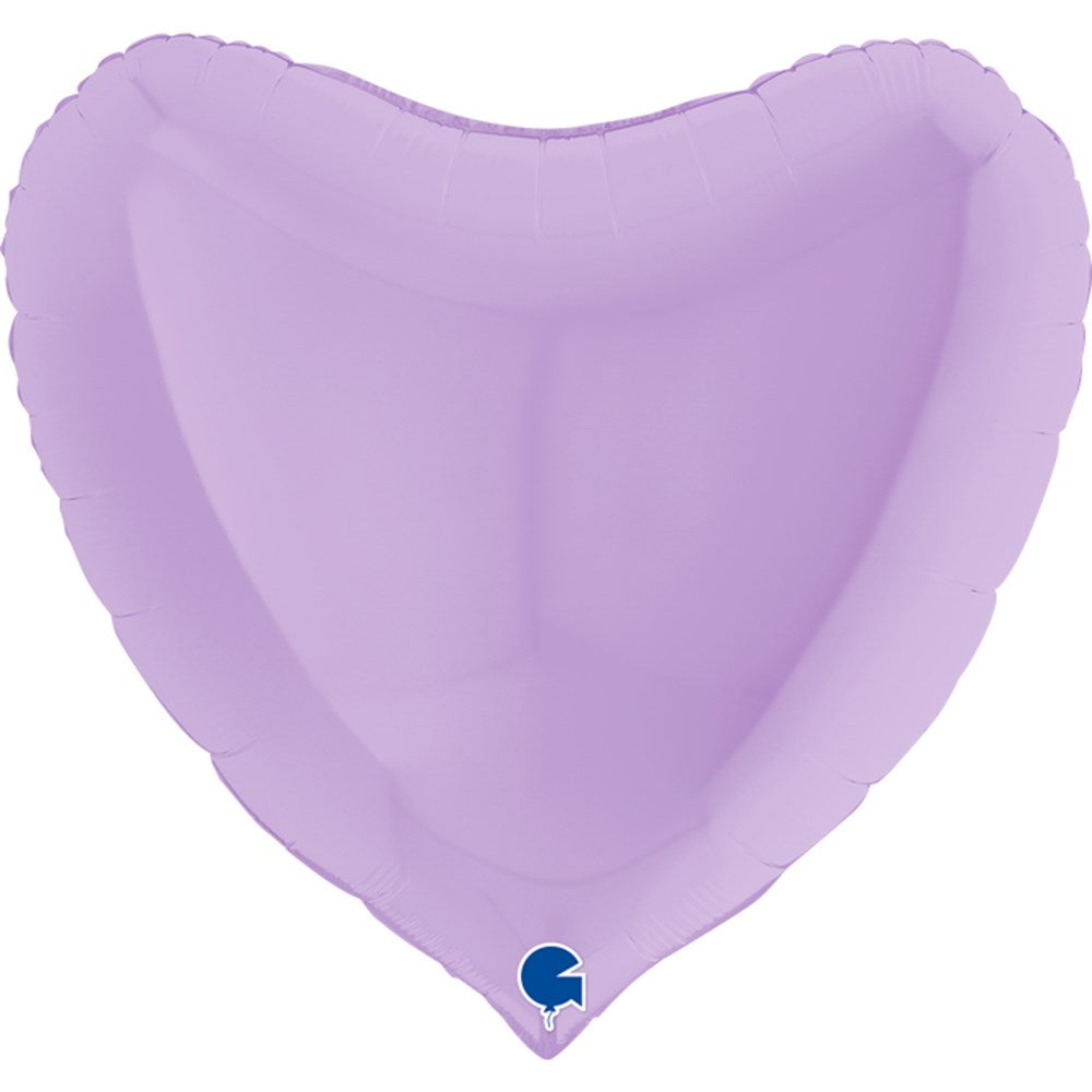 Matte lilac foil balloon in a 36-inch heart shape, uninflated and flat.