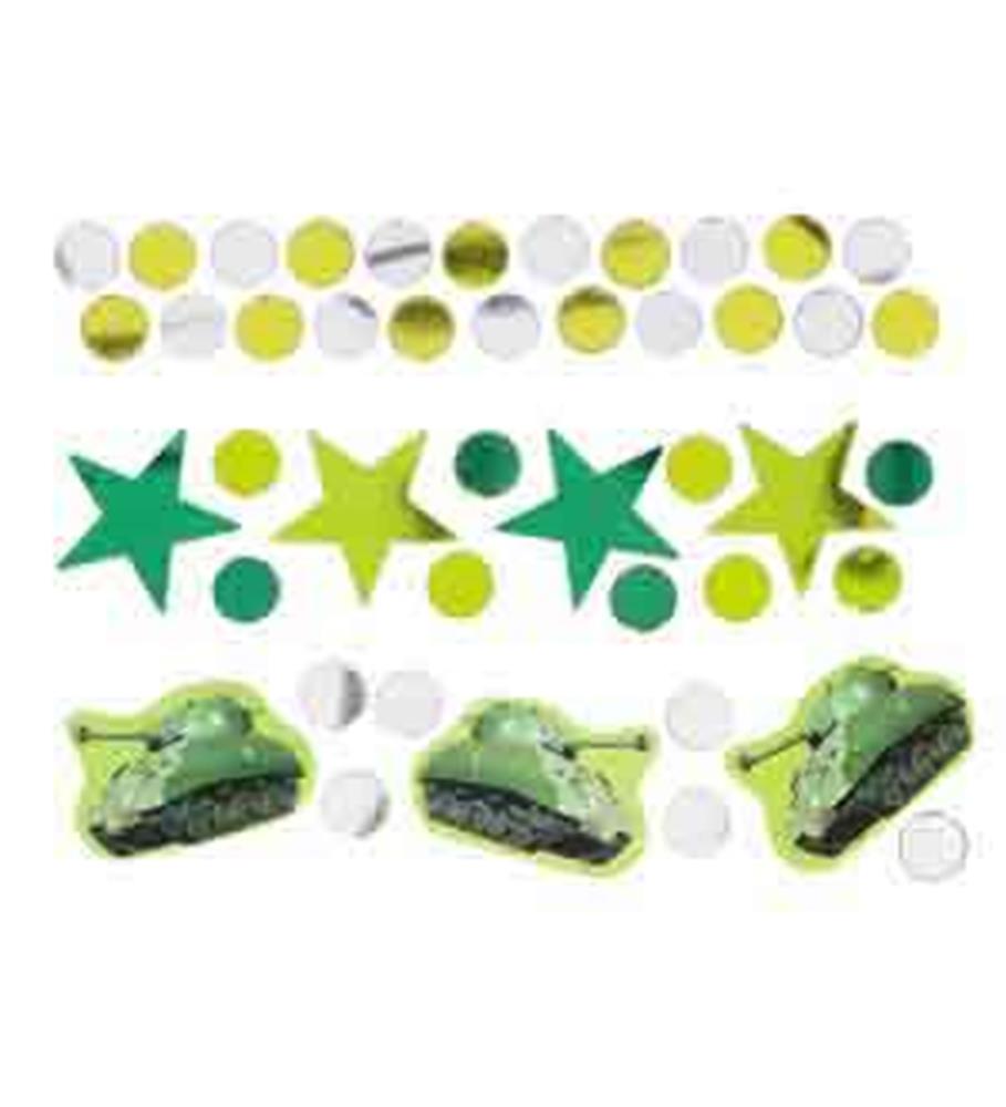 Green and yellow camouflage confetti with star shapes and military tanks, 1.2oz pack.