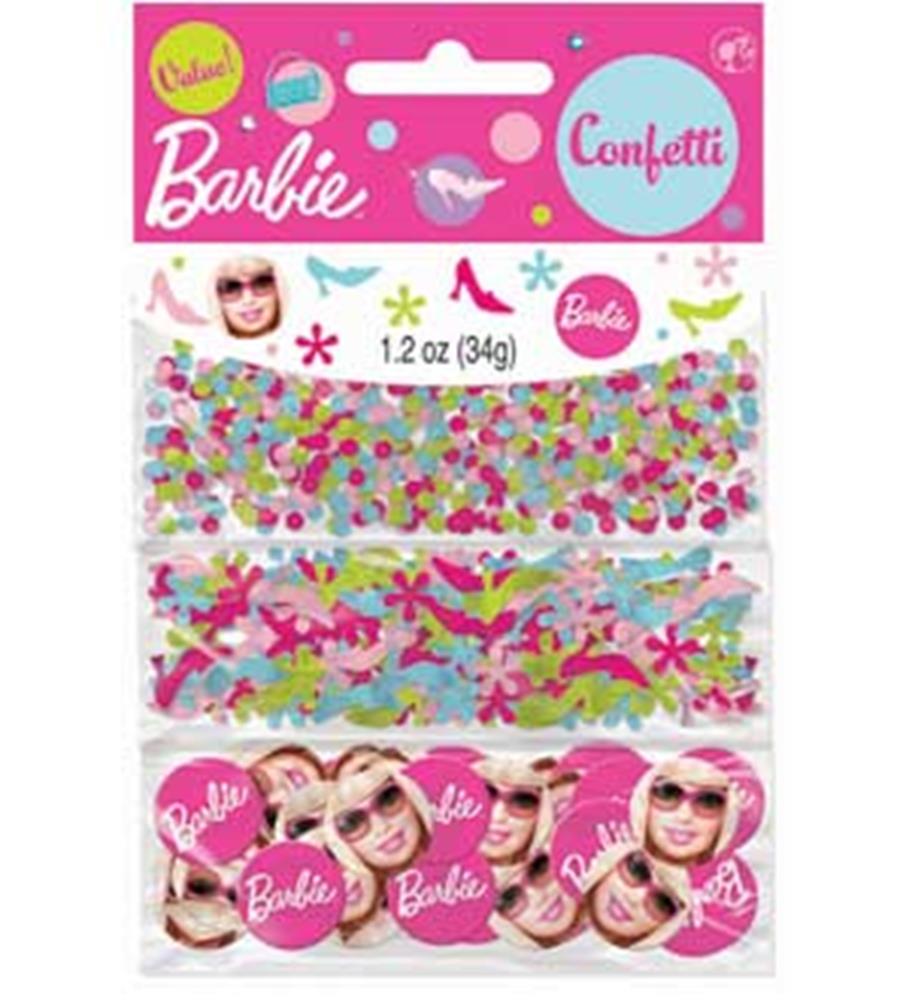 Barbie-themed confetti mix with stars, hearts, and Barbie logo in pink, blue, and green colors.