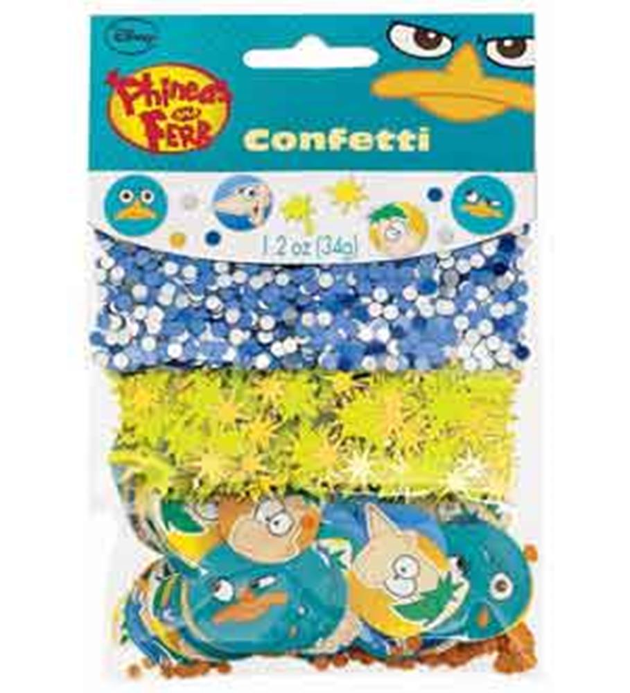Phineas and Ferb confetti pack with blue and white paper dots, yellow star shapes, and round character cutouts.