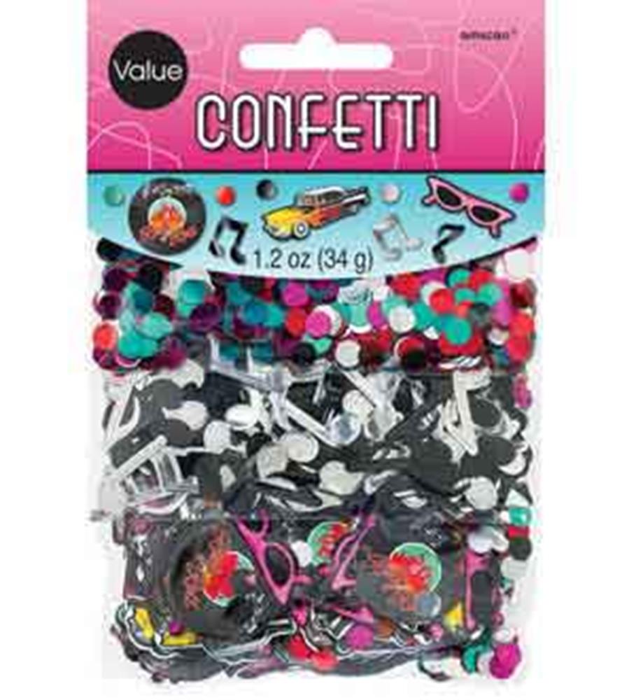 Colorful classic 50s-themed confetti pack with teal, pink, black, and white shapes and patterns.