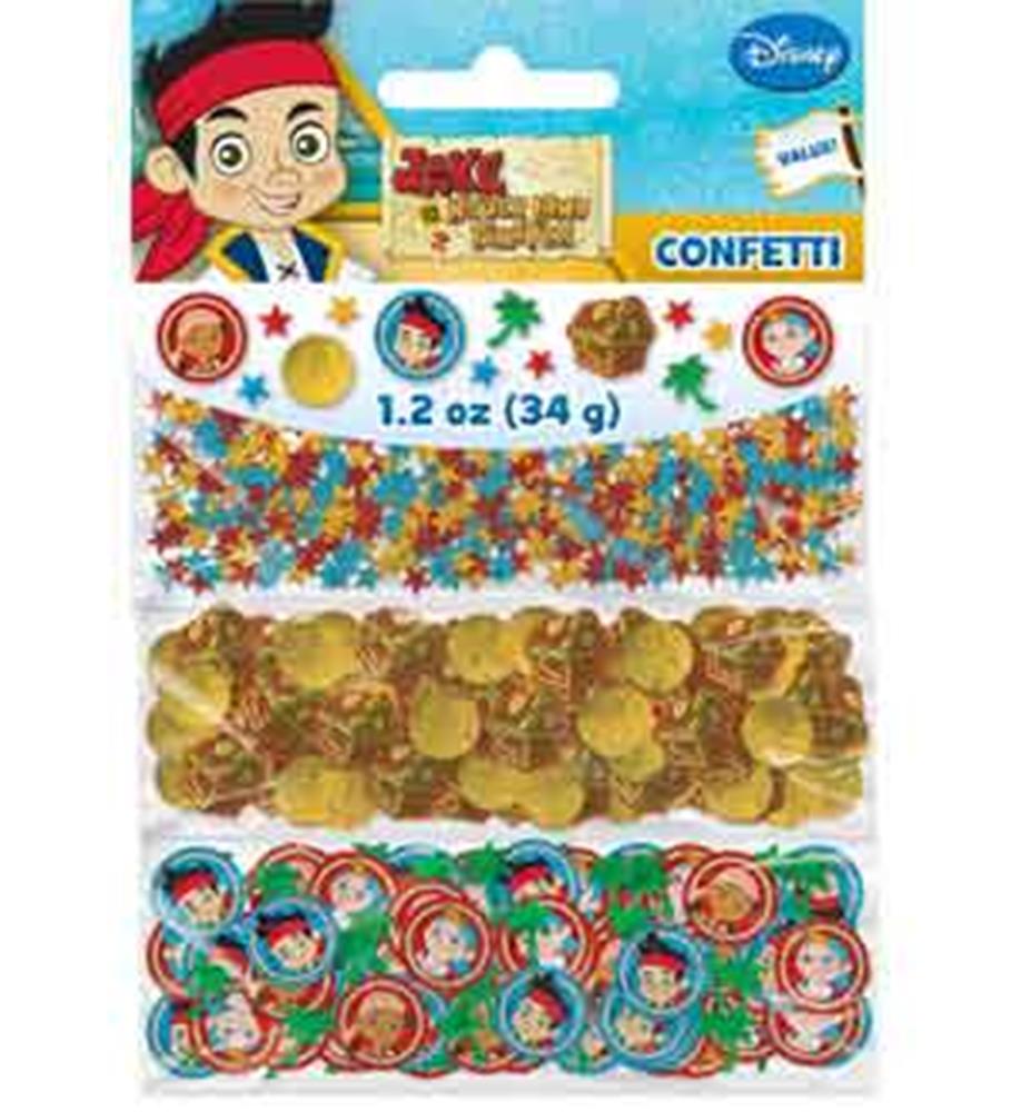 Assorted Jake and the Neverland pirate-themed confetti in stars, coins, and character circles with bright colors.