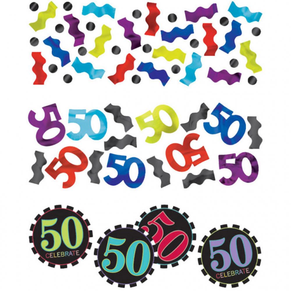 Colorful confetti with "50" cutouts and curly strips in red, blue, black, purple, yellow, and green.