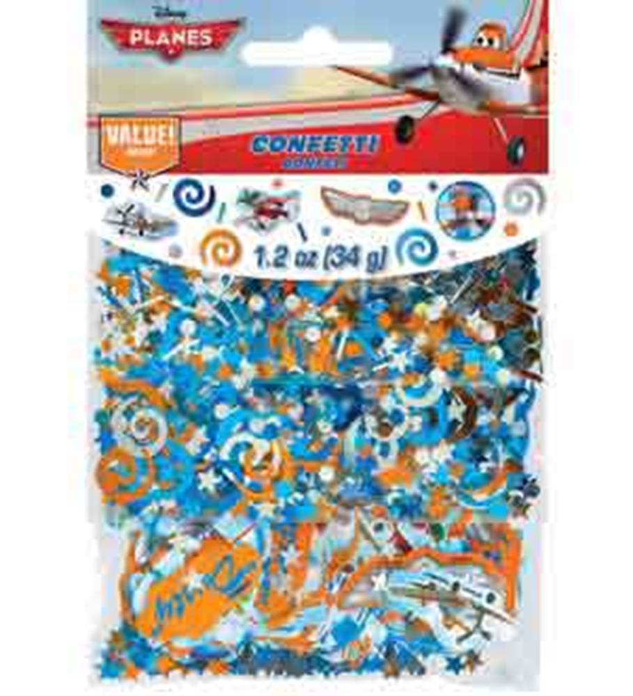 Disney Planes-themed confetti mix with blue, orange, white metallic swirls and character cutouts in clear plastic bag.