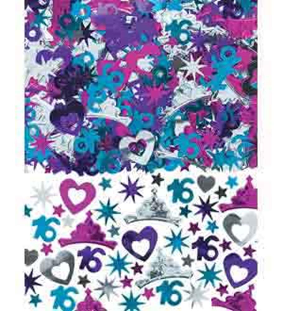 Colorful foil confetti with purple and teal number 16, hearts, stars, and crown shapes for birthday decor.