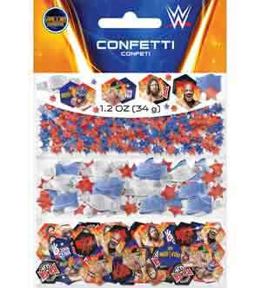 Red, white, and blue star-shaped and WWE logo confetti with images of WWE superstars in hexagonal shapes.
